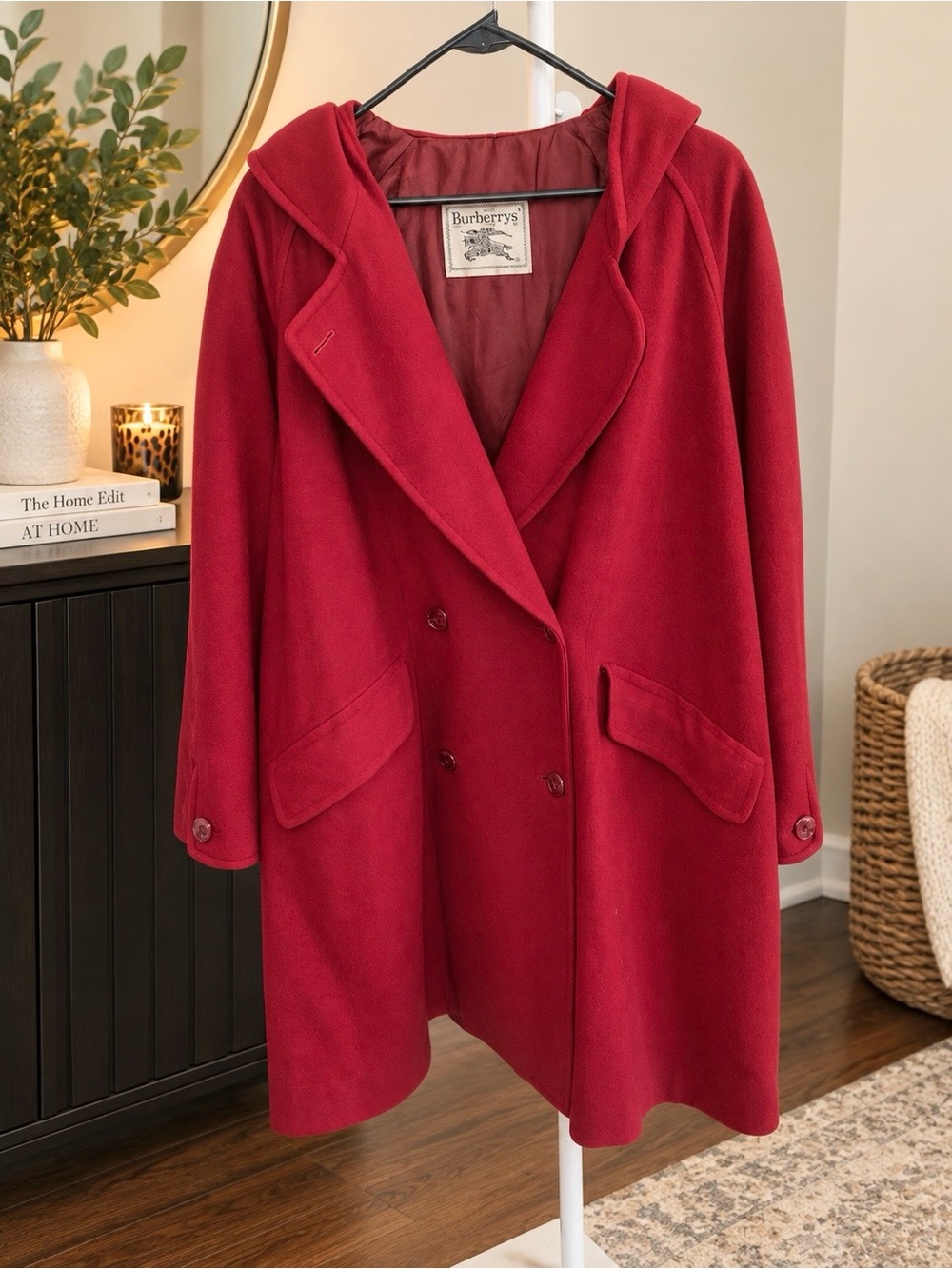 Burberry Red Cashmere Blend Hooded Coat
